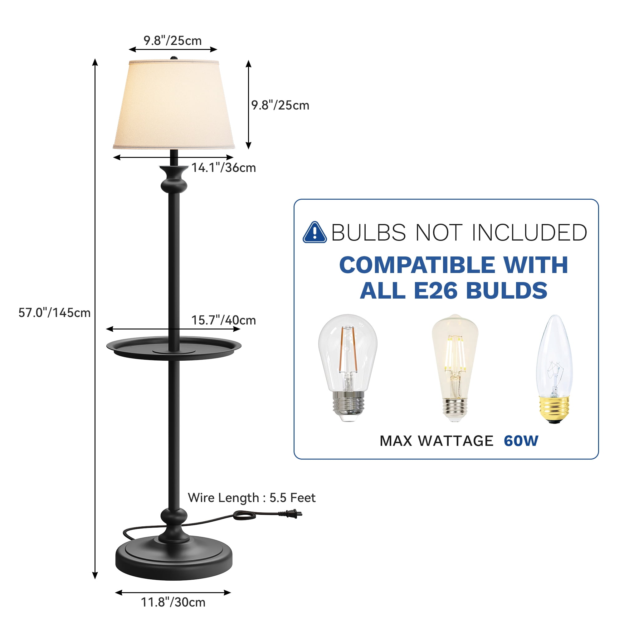 Uforic 57'' Vintage Metal Floor Lamp with Tray, Linen Shade, Weighted Base, and Rotary Switch for Bedroom, Living Room, Office, Study (Bulbs not Included)