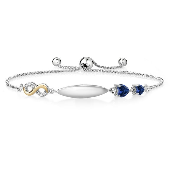 Gem Stone King 1.02 Ct Heart Shape Blue Created Sapphire 925 Silver and 10K Yellow Gold Lab Grown Diamond Bracelet for Women