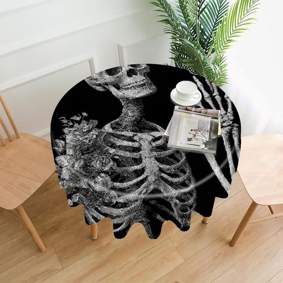 RKSupls 60 Inch Round Tablecloth, Skeleton Flowers Scissors Premium Polyester Straight Edge Wrinkle Resistant Washable Table Cover for Party Home Dining Decor