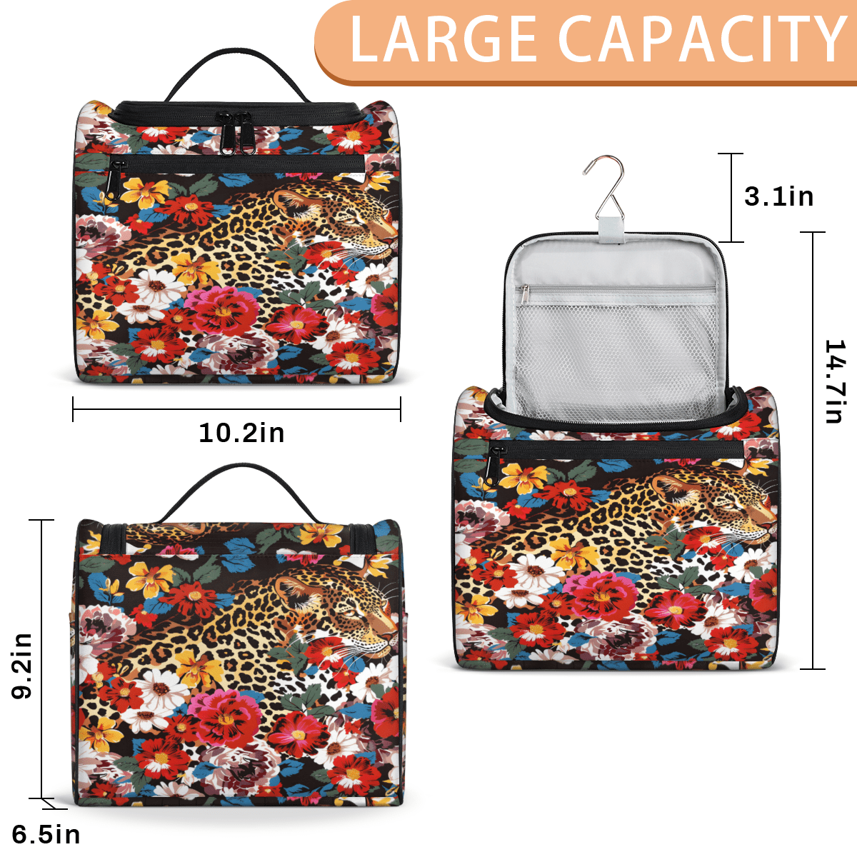 Herdesigns Leopard Cheetah Flower Toiletry Bag for Women, Travel Makeup Bag, Waterproof Hanging Cosmetic Organizer for Toiletries & Makeup Essentials
