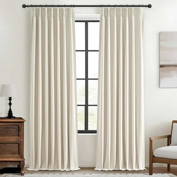 Warm Cream Extra Long Pleated Black Out Curtains 105 Inches Long for Living Room, Natural Linen Blend Patio Door Curtain with Track&Back Tab 2 Panels Set Insulated Privacy Window Drapes (40"Wx105"L)