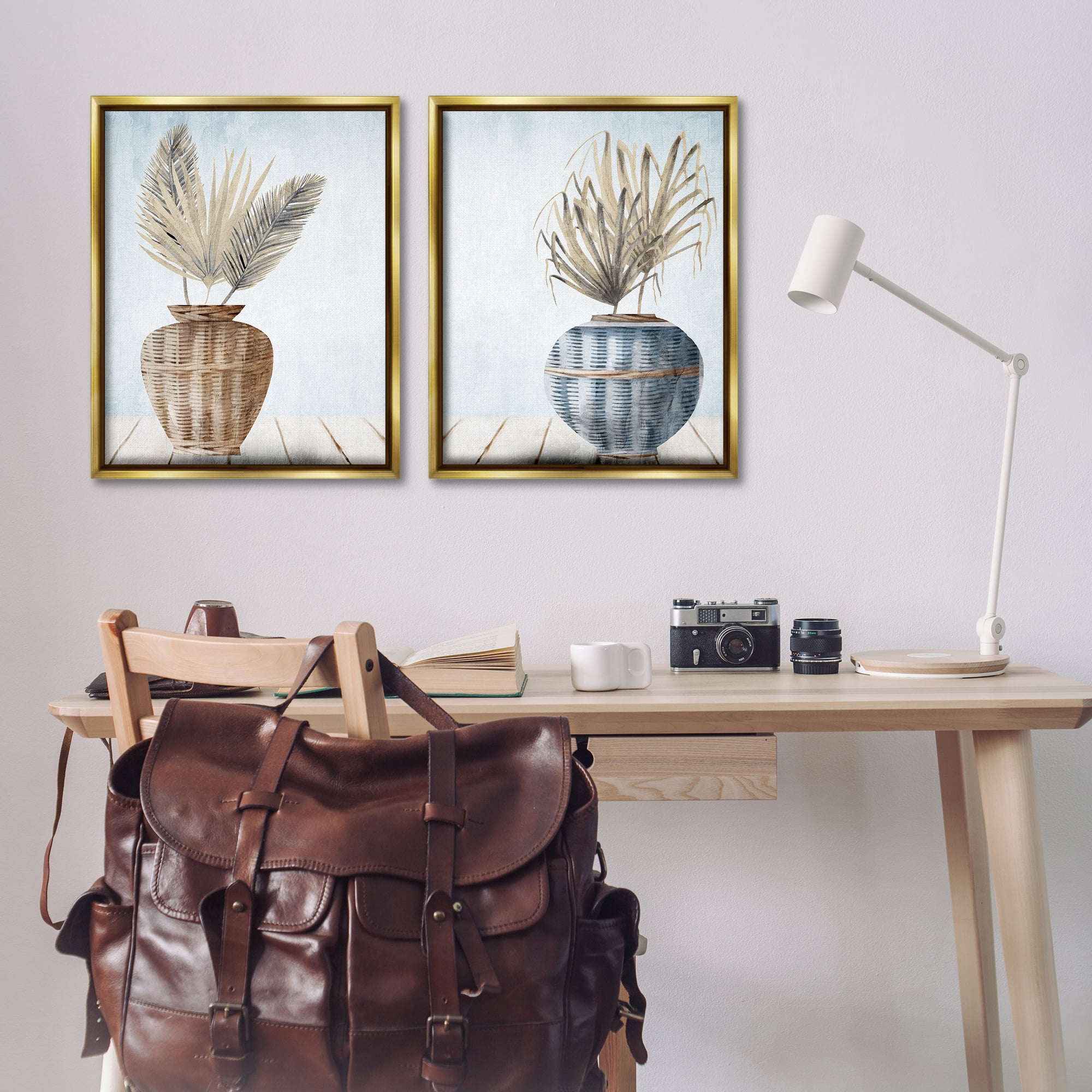 Stupell Industries Palms in Rattan Planters Floral & Botanical Painting Gold Floater Framed Canvas Art Print Wall Art, 31 x 25, Set of 2