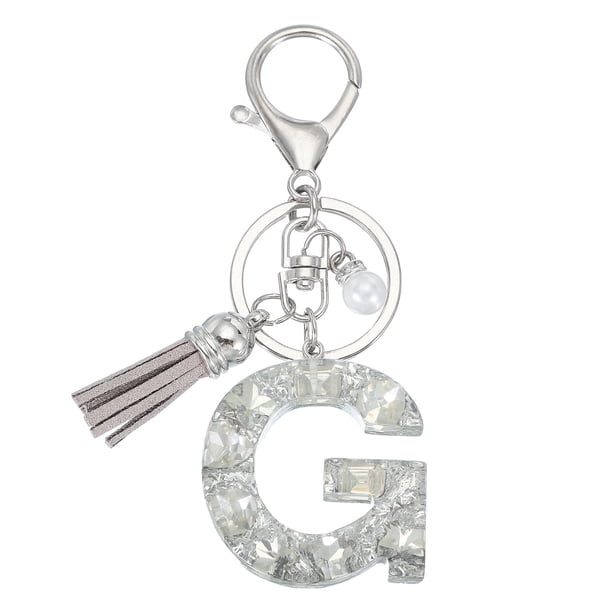 Llave de letra inicial Uxcell con borlas y perlas, llavero de letra alfabética G con strass y anillo para llaves para bolso, carteras, llaves de coche, taza, plata