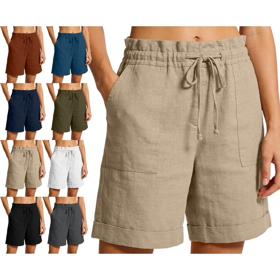 Womens Summer Shorts with Pockets 100% Cotton Casual Shorts Drawstring Waist Rolled Cuff Hem Beachwear