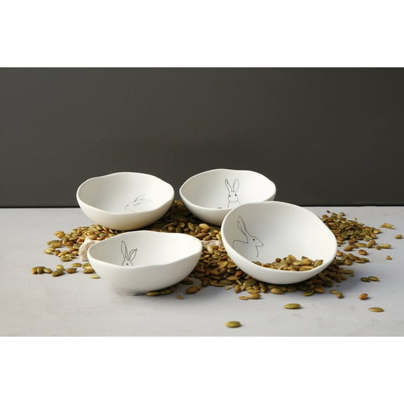 Creative Co-Op White Stoneware Bowls with Rabbit Drawings (Set of 4 Designs)