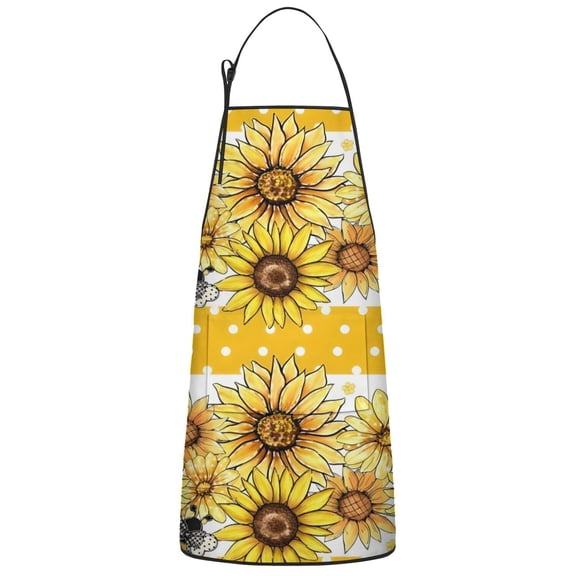 Yellow Dot Sunflower Bee Pattern Apron-Garden Aprons for Women with Pockets-Cotton Linen Waterproof Kitchen Cooking Gardening Aprons Adjustable for Kitchen,Cooking,BBQ and Salon 33x27 Inch