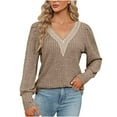 thumbnail image 3 of ClodeEU Womens V-Neck Lace Ribbed Brushed Long Sleeve Sweaters ,Trendy Sexy Sweater Jumper Tops Khaki,Womens Plus XXL, 3 of 7