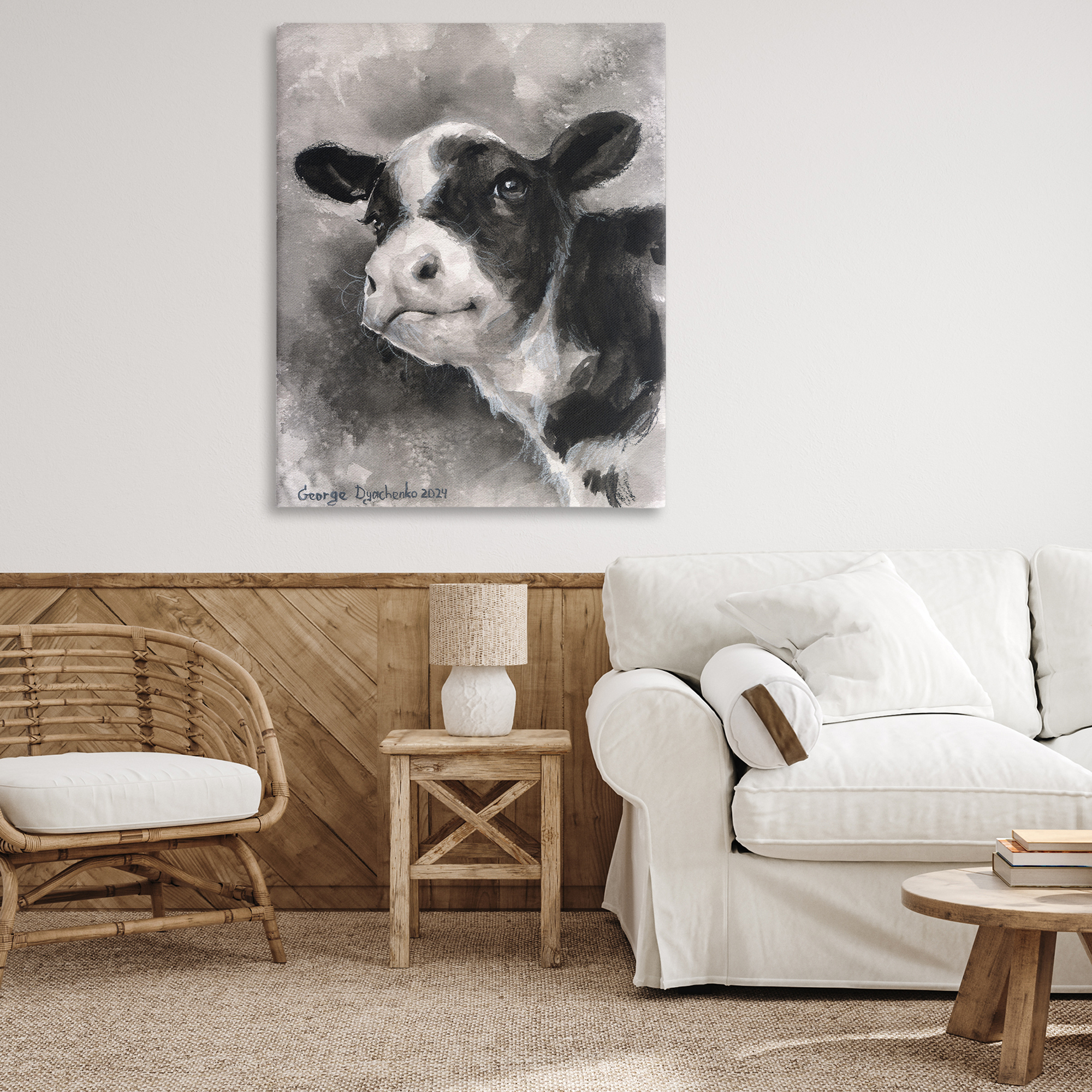 Stupell Industries Smiling Baby Calf Animals Drawing Wrapped Canvas Art Print Wall Art, 36 x 48