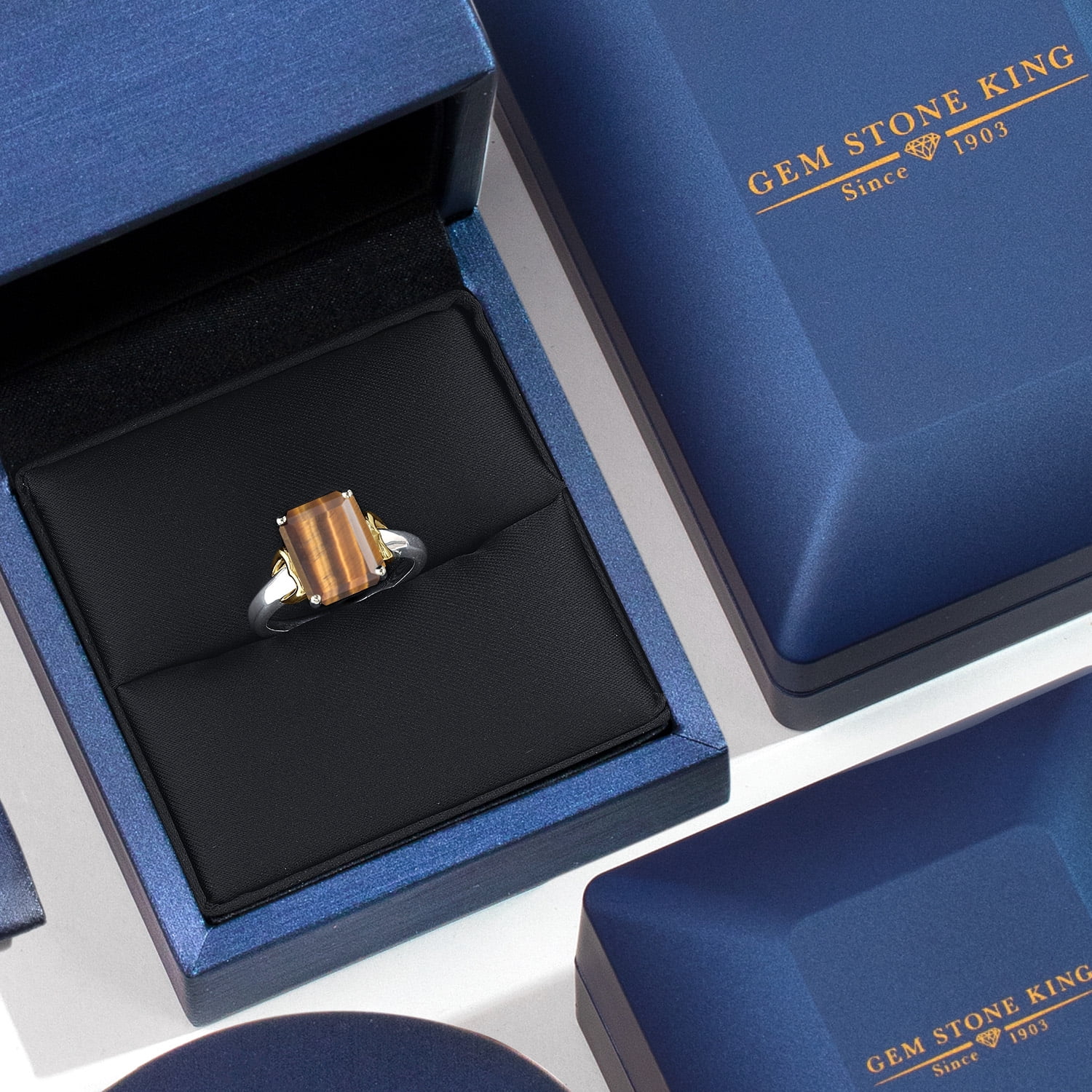 Gem Stone King 925 Silver and 10K Yellow Gold Brown Tiger Eye Solitaire Engagement Ring for Women | 3.00 Cttw | Emerald Cut 10X8MM | Gemstone Birthstone | Size 8