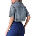 thumbnail image 3 of Chaqueta de mezclilla recortada de manga corta con botones para mujer INSPIRE CHIC, desgastada y deshilachada, color gris azul, talla L, 3 of 6