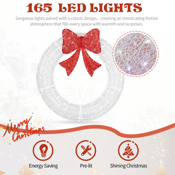 Alvantor 36-Inch Metal Christmas Wreath with 165 LED Lights, Red Bow, Remote and Timer, White