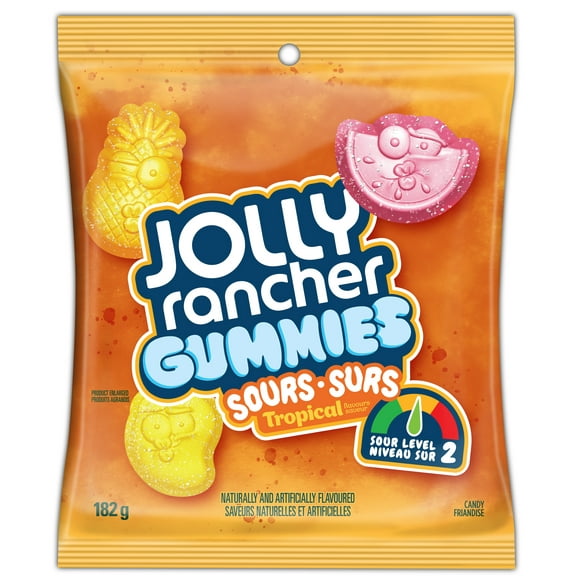 JOLLY RANCHER Gummies Sours Tropical Flavours, JOLLY RANCHER GUMMIES Sours are a new line up of gummy candies available in three different mouth-puckering sour levels, in your favourite Jolly Rancher character shapes! Enjoy a burst of sour flavour in every bite with Tropical flavours including Watermelon, Pineapple & Mango.