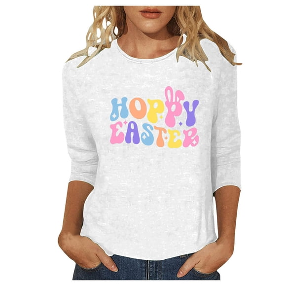 HNMKIU T-Shirt Décontracté et Élégant pour Femmes à Col Rond avec Manches à Pois et Design Imprimé Festif de Pâques Blanc, TG