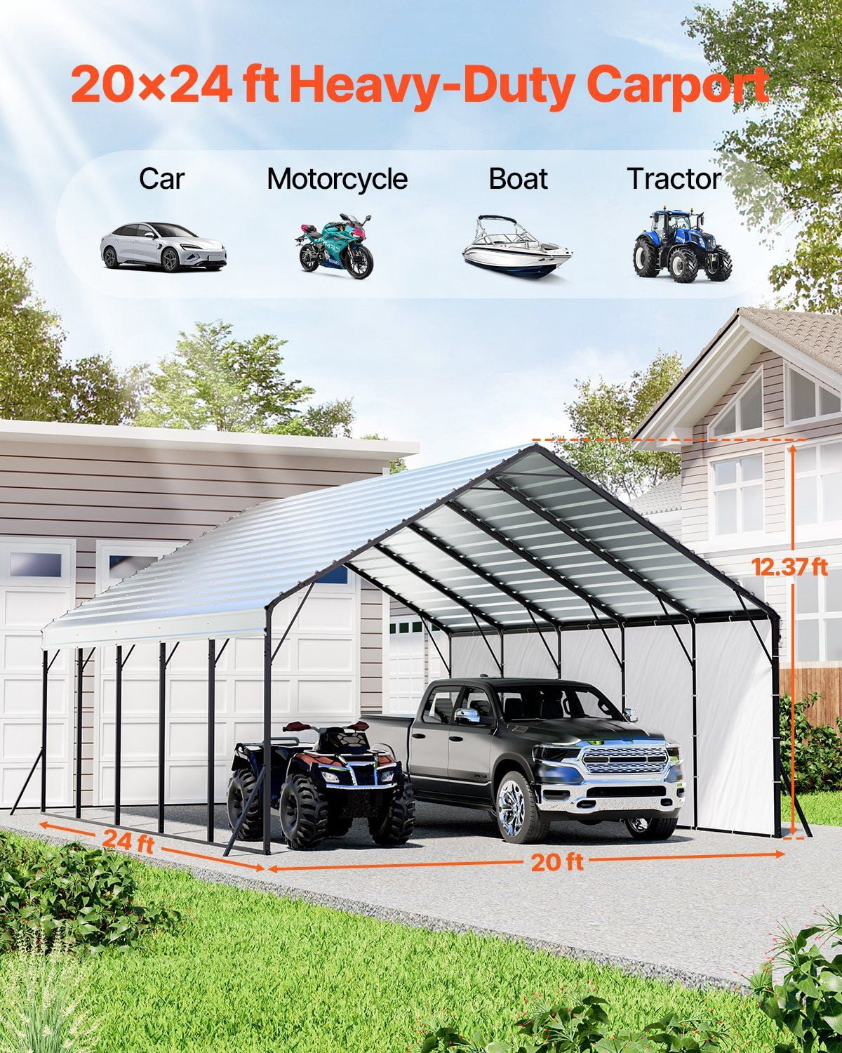 20 x 24 ft Heavy-Duty Metal Carport, Outdoor Car Shelter Garage for Cars, Trucks, Boats, RVs & Vehicles – Weather-Resistant Steel Canopy Cover with Anchoring Kit