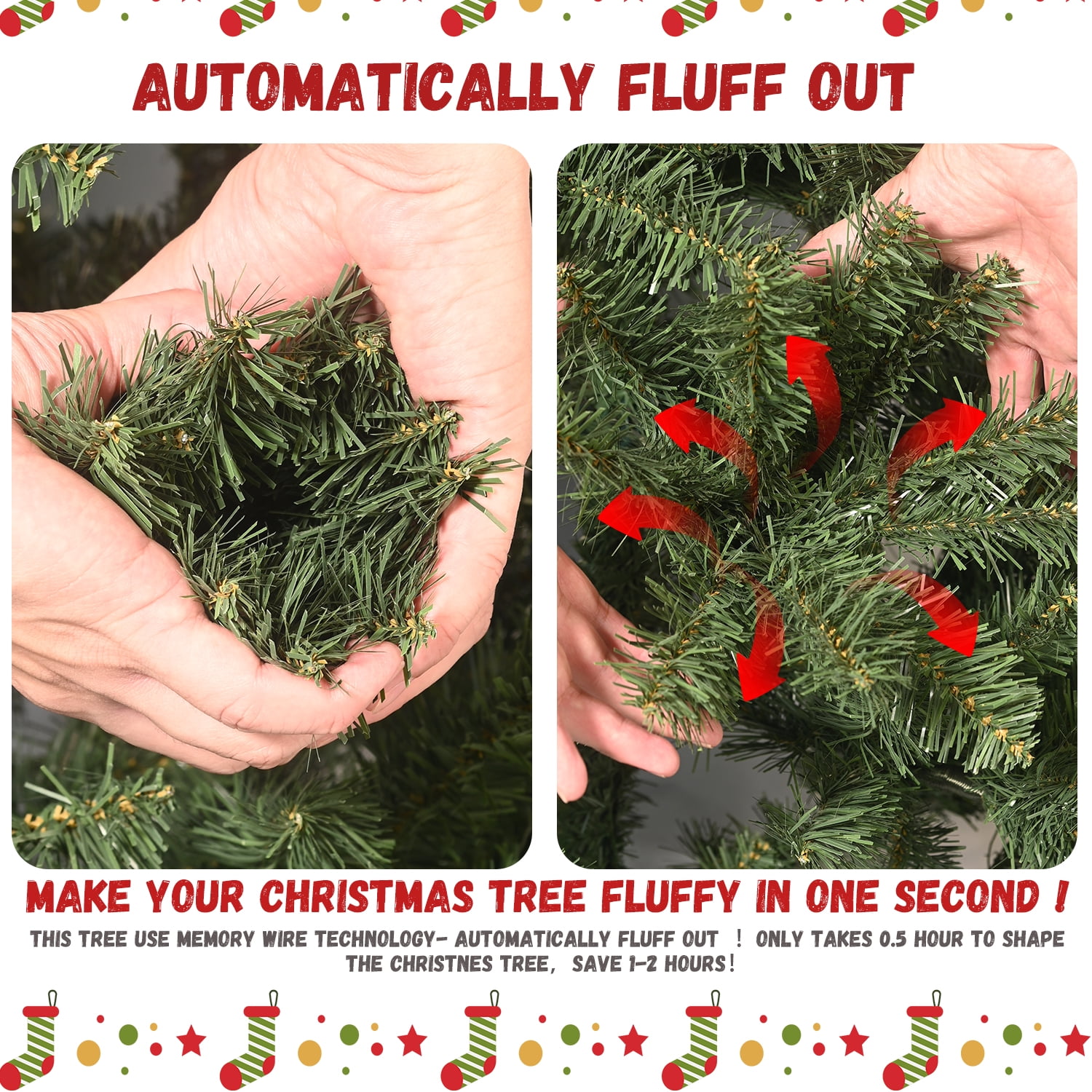 Euroco 7ft Pre-Lit PVC Christmas Tree with 400 UL Lights, 1072 Tips, Auto-Unfold Memory Wire, Easy Assembly with Stable Metal Stand – Full Artificial Holiday Tree