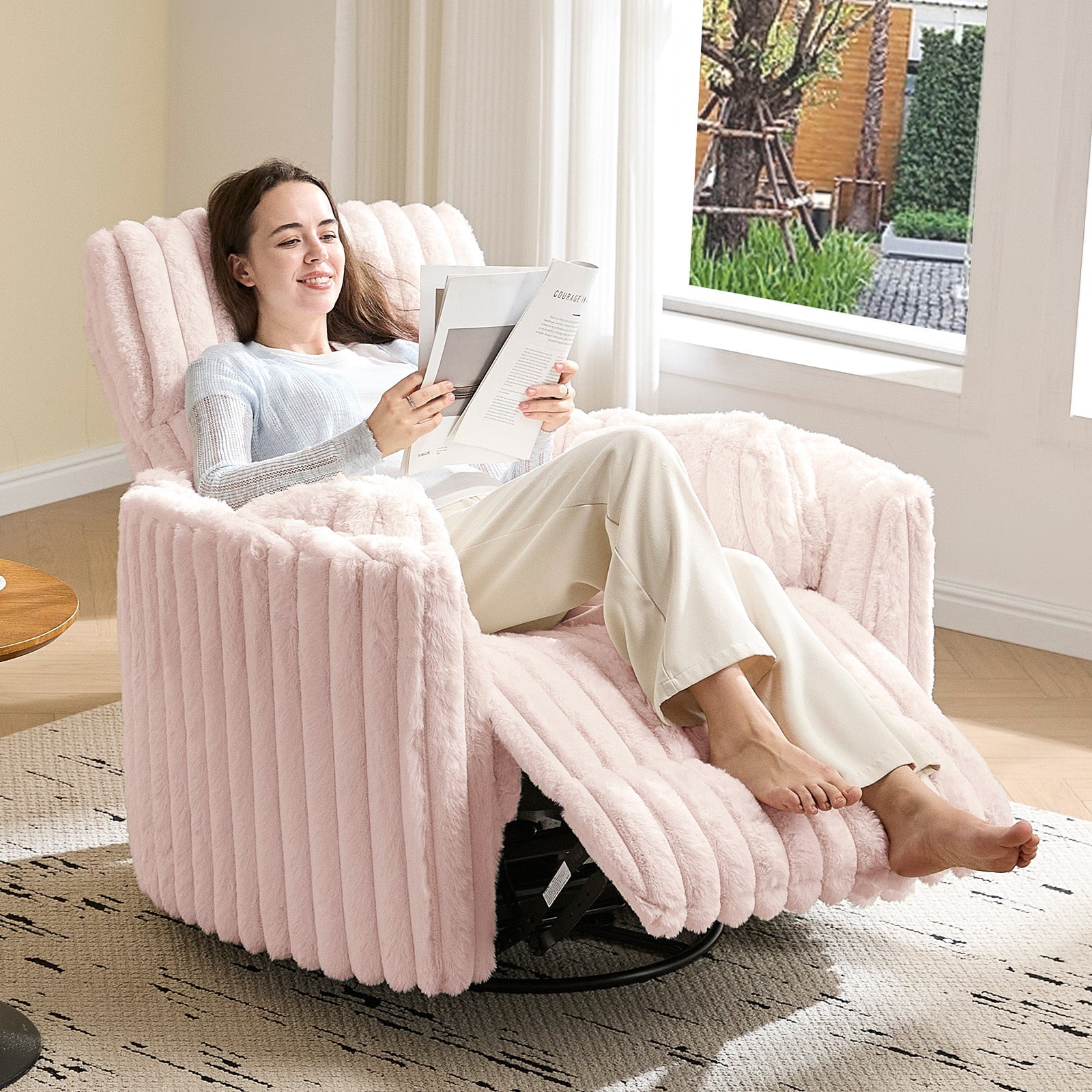 Papajet Power Recliner Nursery Chair for Adults, Electric Swivel Rocking Glider with USB & Type-C for Living Room, Bedroom, Light Pink