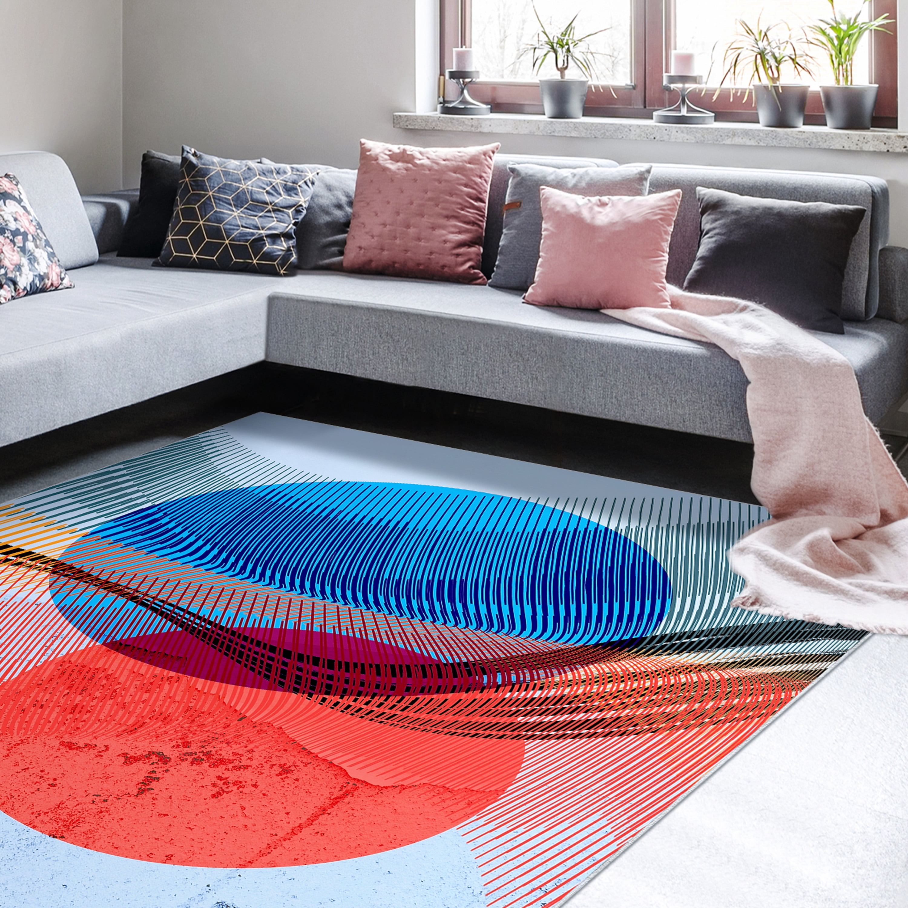 Ephemeral Sunset Washable Cirlces Art Area Rug size 8'x10', Power-loomed, Heavenly Softness with Non-Slipping Backing