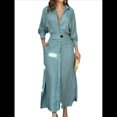 thumbnail image 1 of Vestido Maxi Informal de Otoño para Mujer, con Solapa, Abertura, Antiarrugas, y Bolsillos para Vacaciones Azul L, 1 of 5