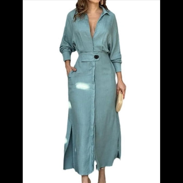 Vestido Maxi Informal de Otoño para Mujer, con Solapa, Abertura, Antiarrugas, y Bolsillos para Vacaciones Azul L