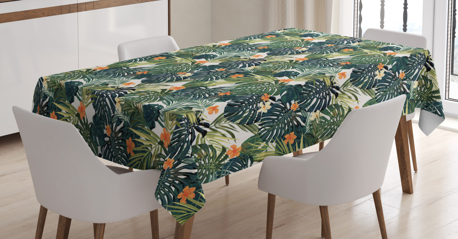 Green Tablecloth, Hawaiian Summer Aloha Pattern with Tropical Plants