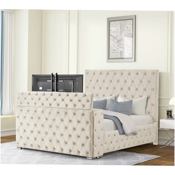 CHAMPFLAG Queen Size Platform Bed with Fireplace and Hidden TV Space, Beige Velvet Upholstered Bed Frame with Tufted Headboard