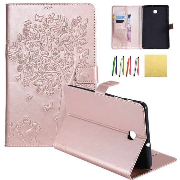 Galaxy Tab A 8.0 2018 Case, Allytech Embossed Cat & Tree PU Leather Stand Folio Wallet Case Cover with Credit Card Slots for Samsung Galaxy Tab A 8.0 (Model: SM-T387), Rosegold