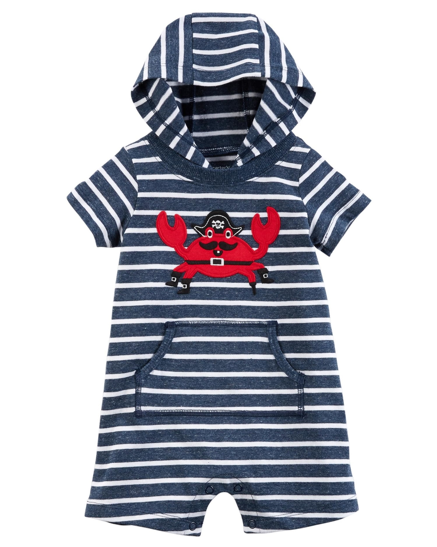 New Carter's 1 Piece Baby Boys Romper Blue White Striped Hooded Crab All Sizes 