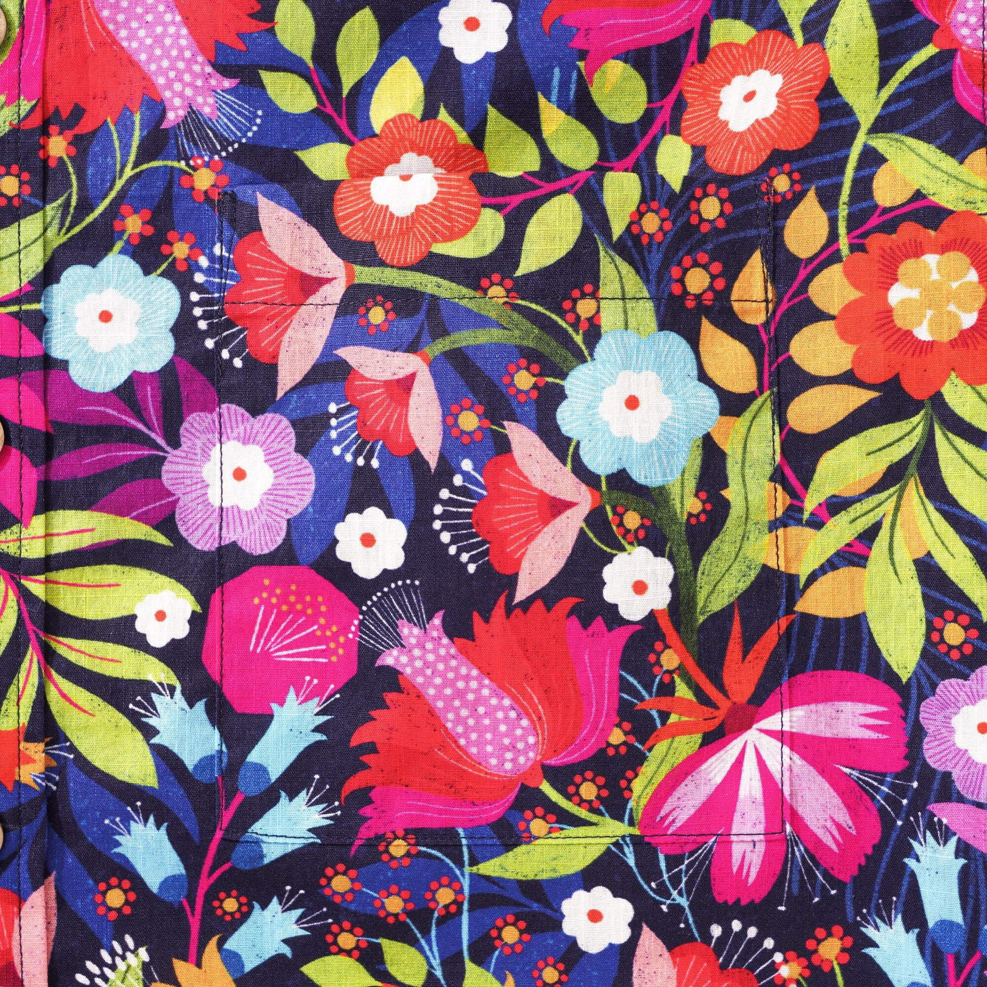 Men's Hawaiian Shirt Short Sleeve Button-down 100% Cotton Red Aloha Midnight Garden By Ali Brookes