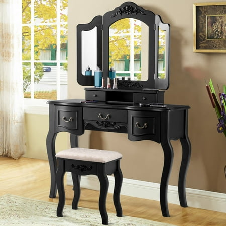 Tri Folding Vintage Vanity Makeup Dressing Table Set 5 Drawers