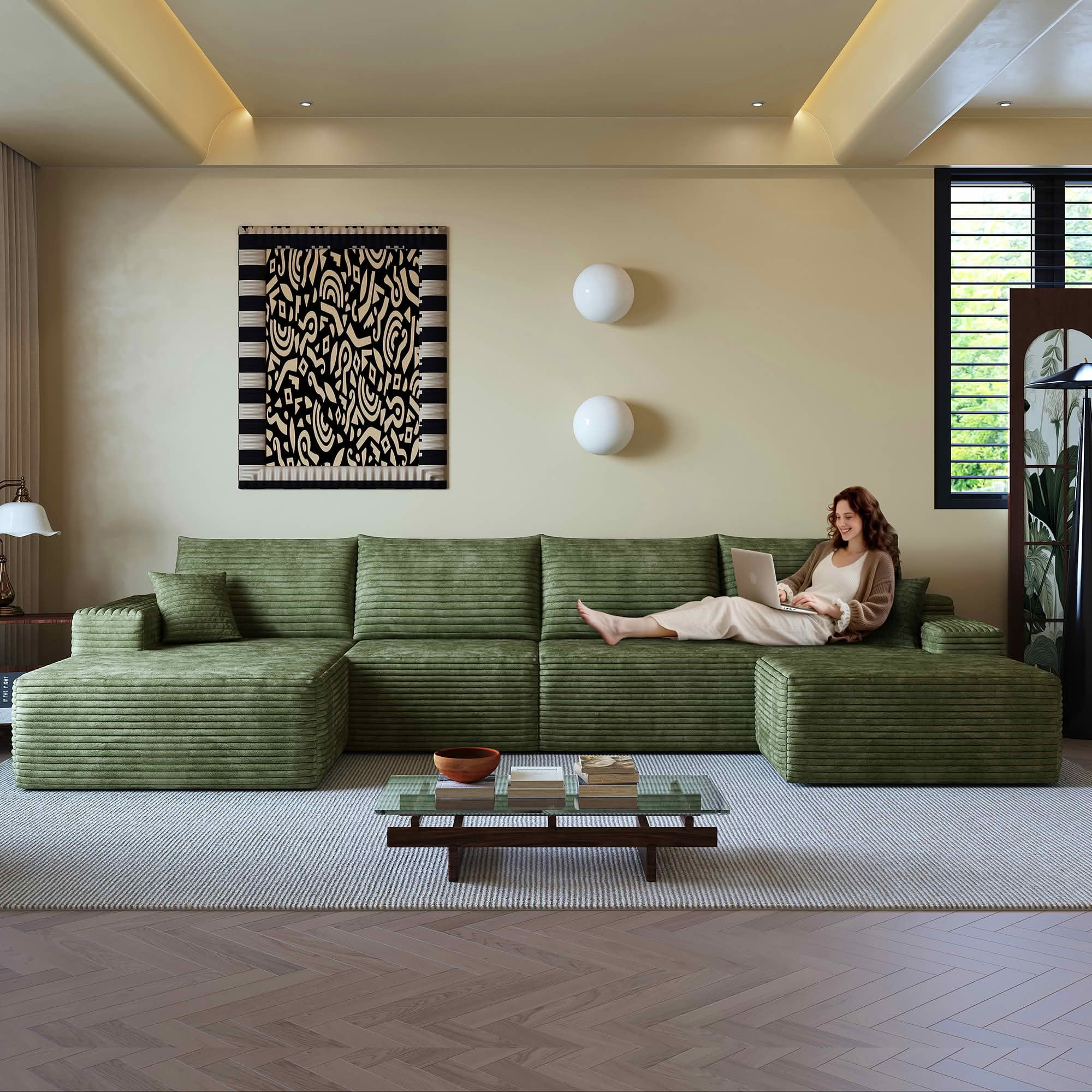 MAYEERTY 135" Cloud Sectional Sofa with Ottoman, U Shaped Deep Seat Couch, Plush Corduroy Fabric, No Assembly Required, Black&Green