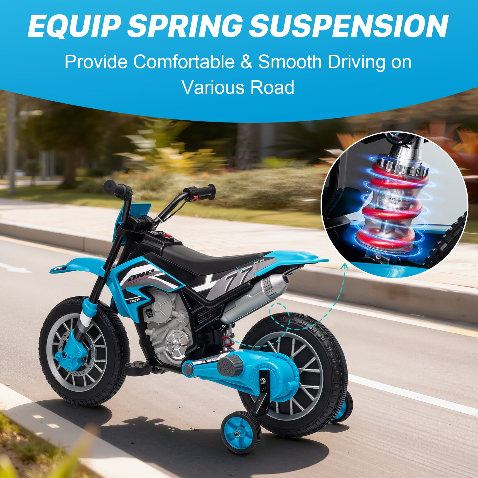 Mukidy 12V Electric Motorcycle for Kids Dirt Bike Ride on Toy Battery Powered Motorbike w/ Training Wheels, Age 3-8 Year Old, Blue