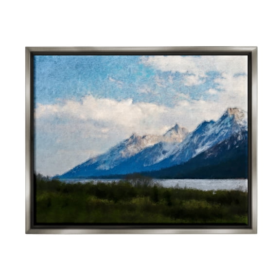 Stupell Industries Mountain & River Landscape Landscape Painting Gray Floater Framed Canvas Art Print Wall Art, 31 x 25