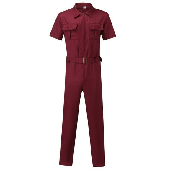 Men's Solid Cargo Jumpsuit Suit Short Sleeve Lapel V Neck Hide Zipper Straight Leg Pullover Onesie Overalls Work Romper Wine,XL
