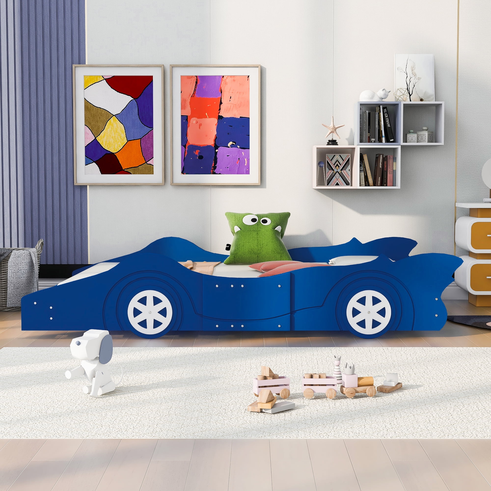 Miniyam Full Size Race Car Bed for Kids, Car-Shaped Design, Blue