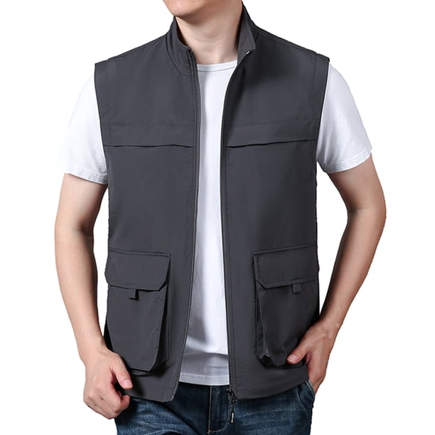 pstuiky Hombres Tanque, Chaqueta de trabajo sin mangas con cuello alto, bolsillos múltiples y cremallera para hombre Chaleco para hombre l