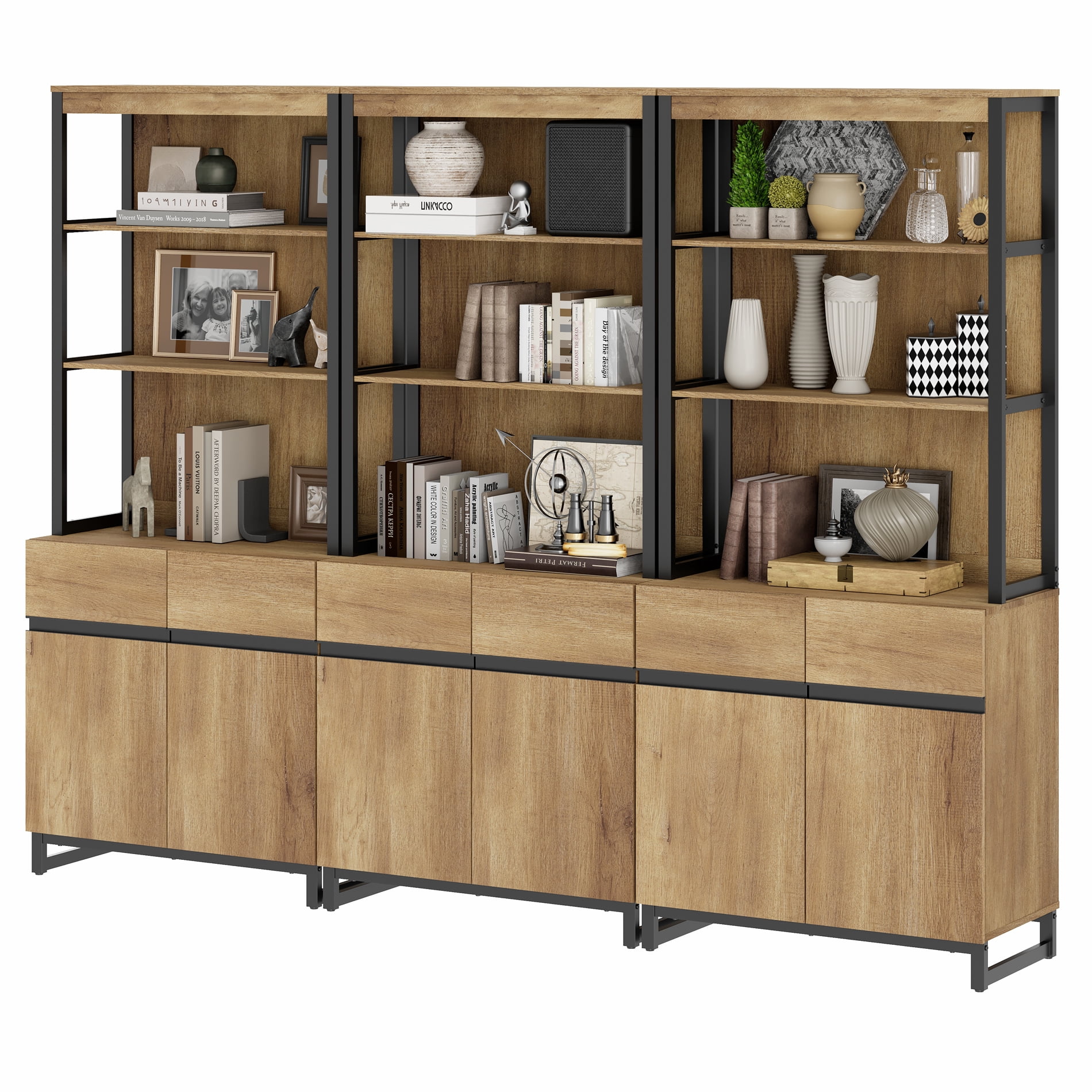3 PCS Modern 72 Inch Tall Bookcases with Heavy-Duty Metal Base, Multi-Piece Library Bookshelf Combo with Adjustable Shelves, Closed Cabinet and Open Storage Shelves for Indoor Home Use