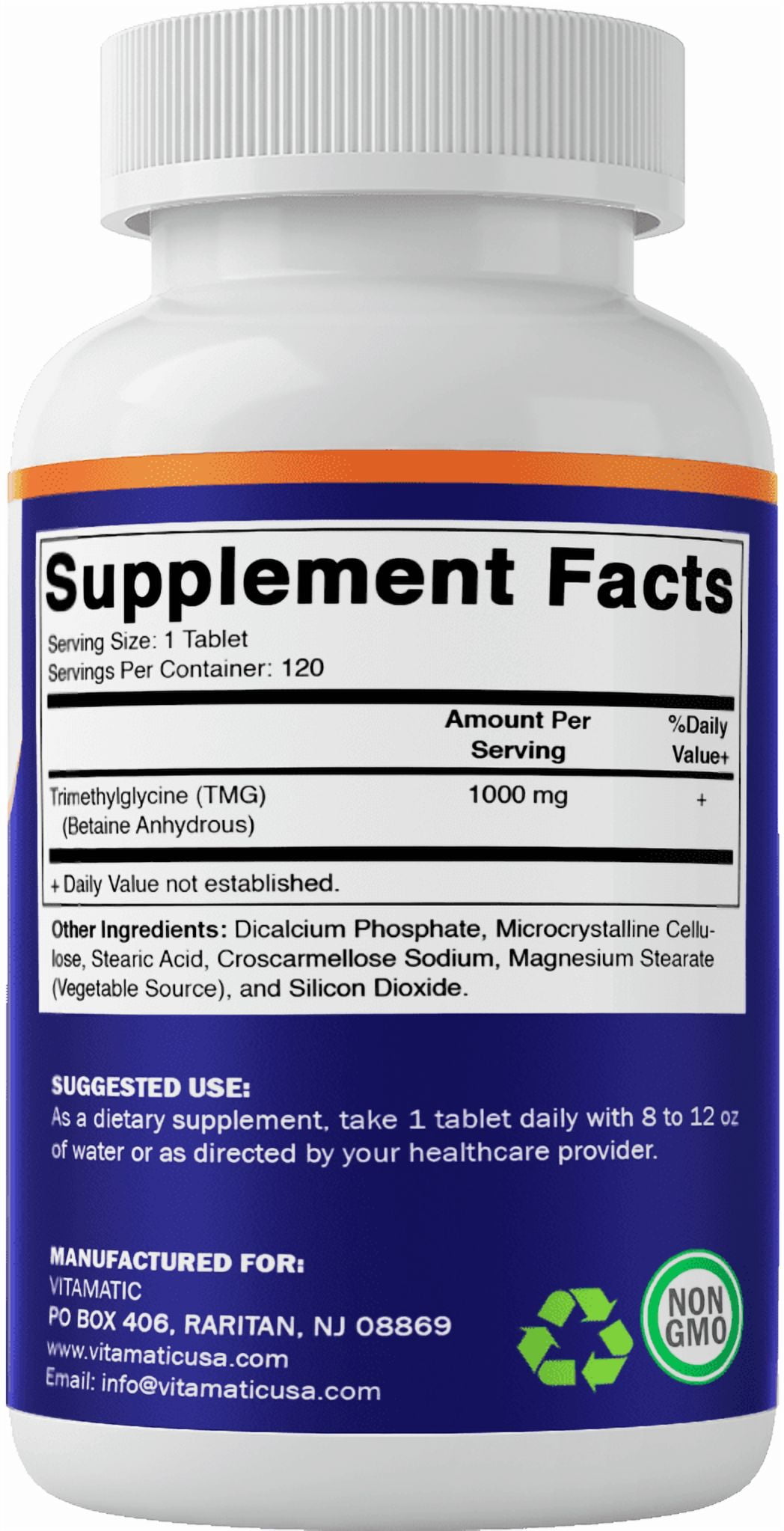 Vitamatic TMG Supplements 1000mg Trimethylglycine Betaine Anhydrous Non-GMO Gluten Free 3 Bottles 120 Tablets
