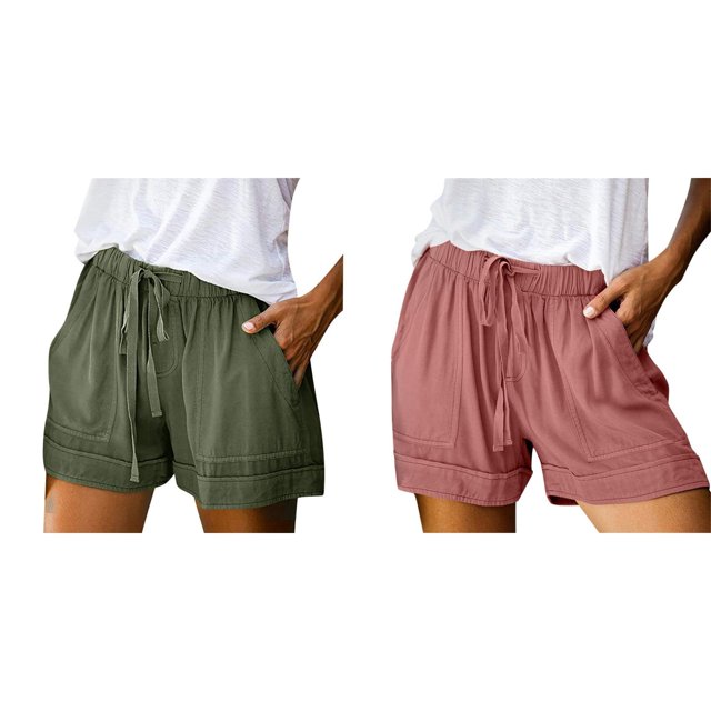 (2-Pack) Rinsvye Womens Shorts High Elastic Womens Running Shorts Waisted Pleated Ruffle Cute Women Shorts Casual Mid Thigh Shorts Beach Flowy Casual Womens Basketball Shorts