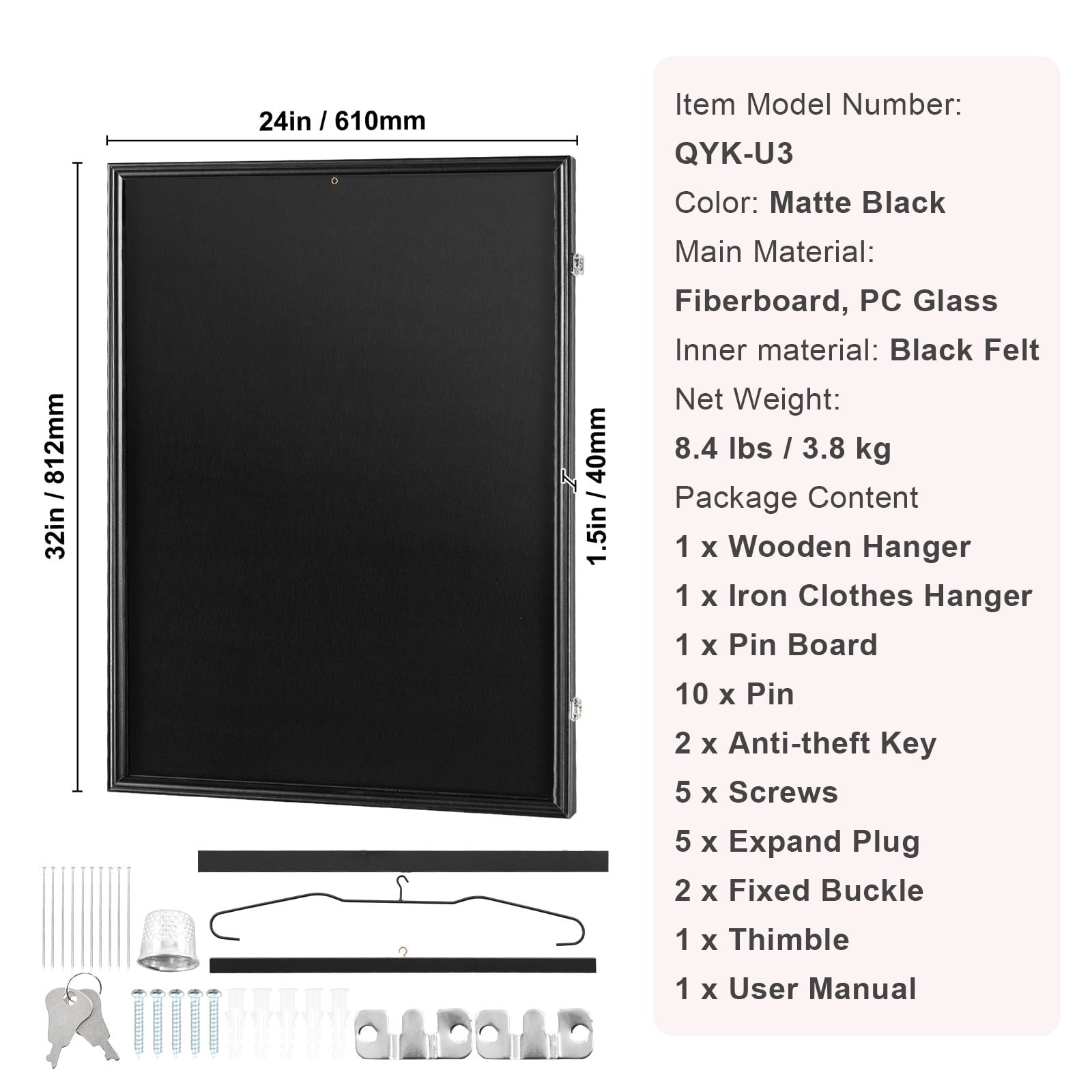 KFFKFF Lockable Jersey Frame Display, 24x32x1.5 inches, Spacious Sports Memorabilia Shadow Box with PC Glass for 98% UV Shielding, Includes Hangers, Suitable for Various Sports Apparel, Black
