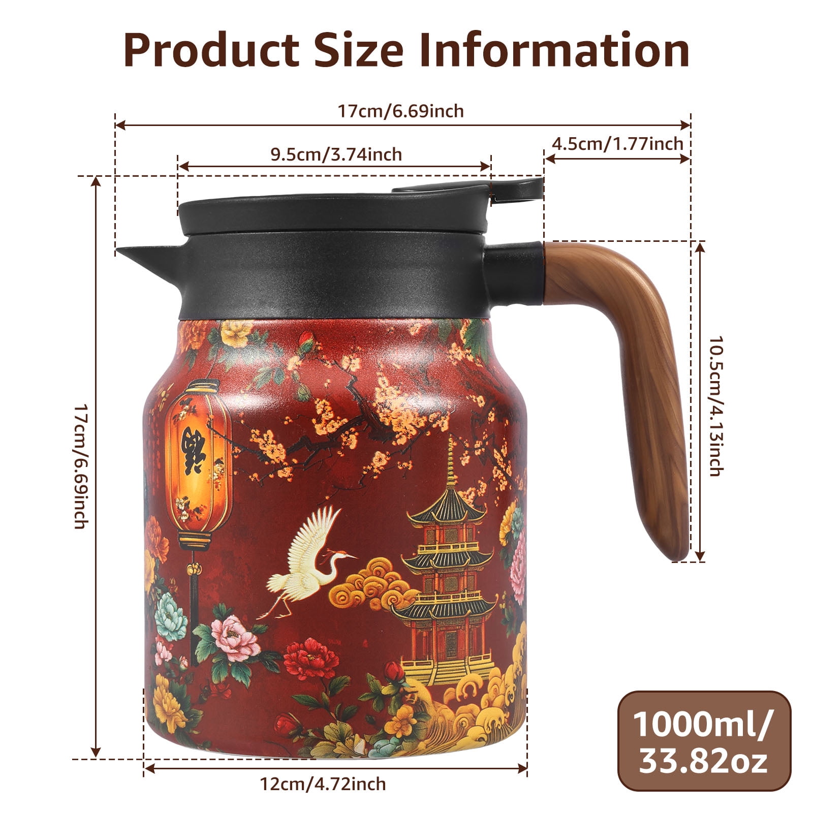 Qenwkxz Vintage Flower Pattern Teapot 33.82oz Vacuum Insulated Stainless Steel Thermal Teapot with Removable Infuser and Wood Handle for Home Office