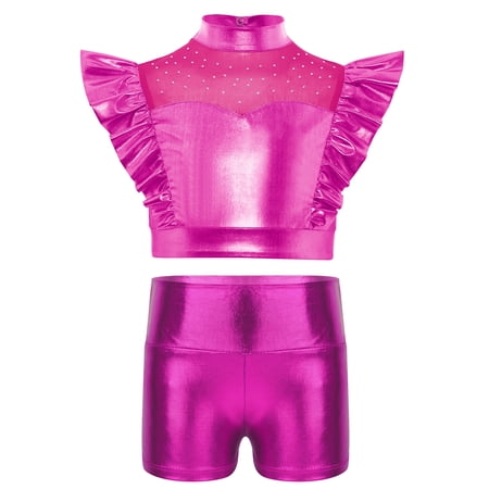 Haitryli Kids Girls Shiny Metallic Rhinestone Adorned Jazz Dancewear Ruffle Tank Top Vest and Shorts Set Hot Pink 10