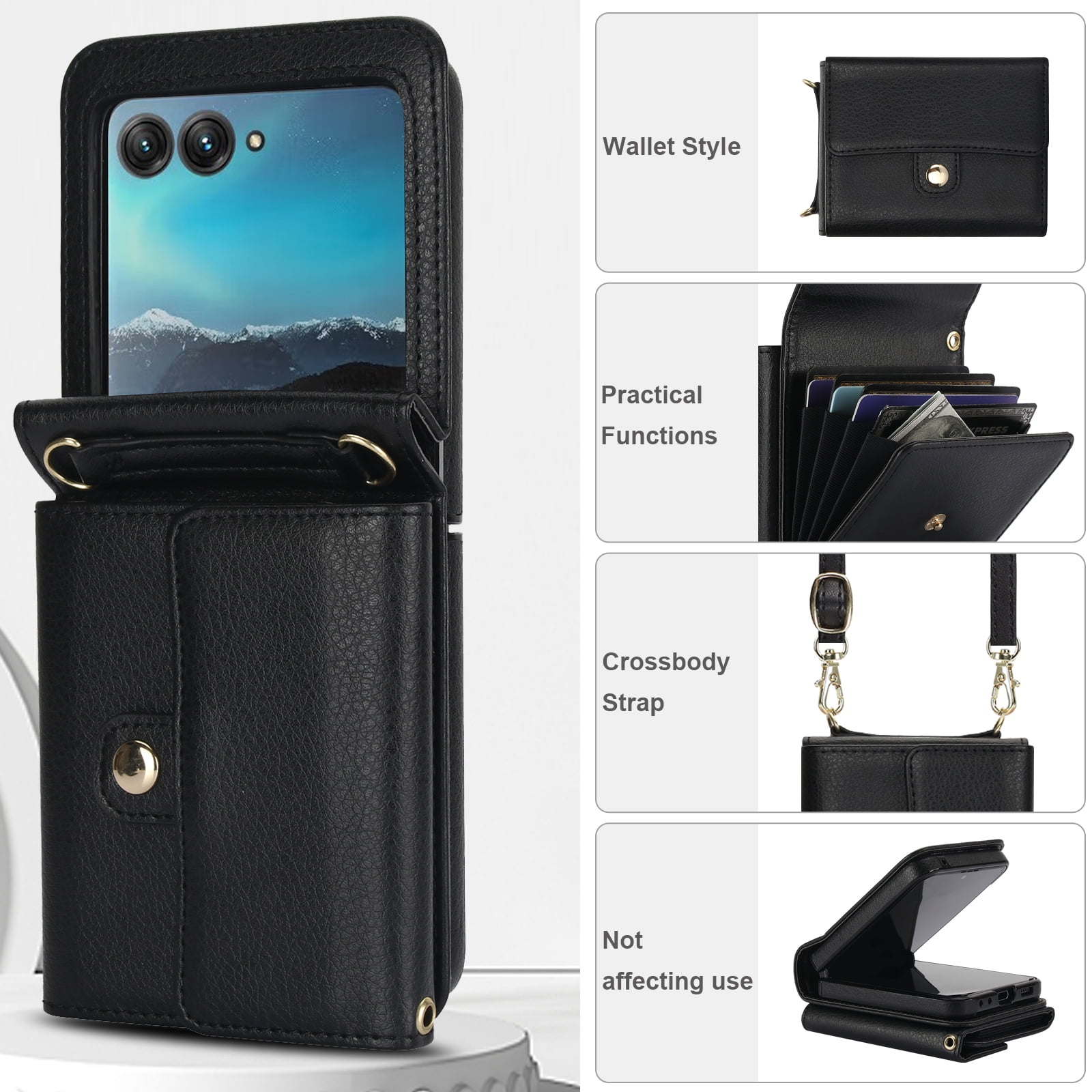 Allytechgroup for Motorola Razr 2025 Wallet Case, Stylish Practical Protective Premium PU Leather Cards Slots Hand Wrist Crossbody Strap Phone Case for Motorola Razr 2025, Black