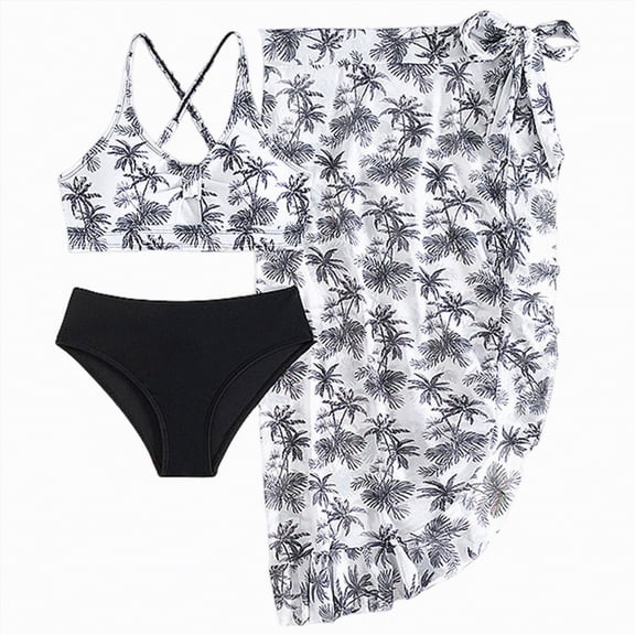 CAUYDY Teen Girls Bikini Swimsuit Set 3 Piece Tween Girl Bathing Suit with Cover Ups Kids Girls Children Girls 7T 8T 9T 10T 11T 12T 13T 14T Summer Swimwear (Sizes 13-14 Years,D01-Black)