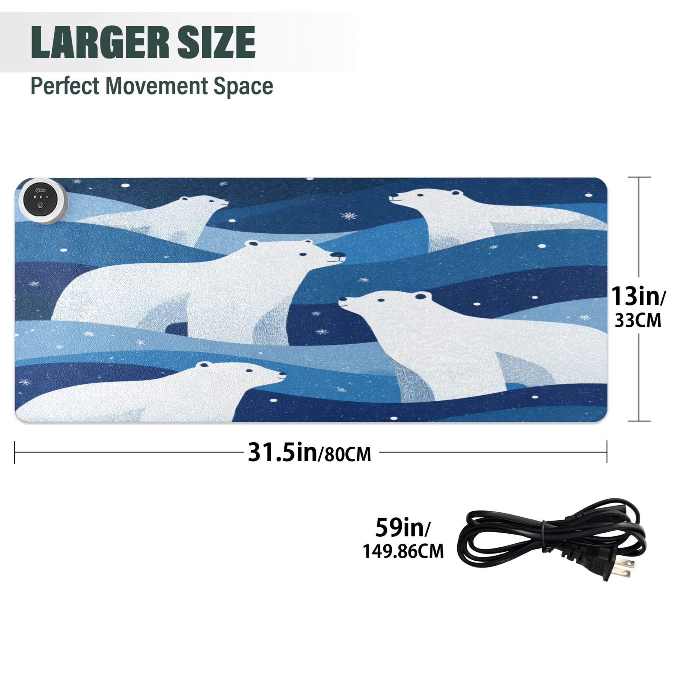 Large Heated Desk Mat Mouse Pad 31.5"x13"PU Leather Graphene Heating Desk Warmer with 3 Temperature Settings 110V US Plug Non-Slip Warm Pad for Home, Office, and Gaming Arctic Night Bear Art