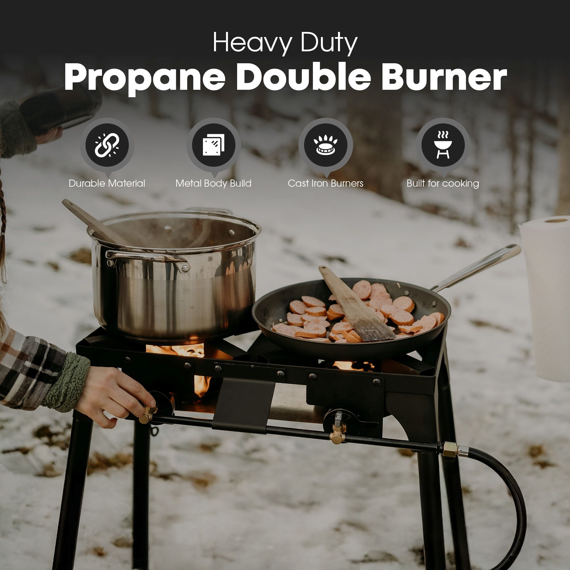 GasOne Double Propane Burner with Adjustable Height 4-Tier Removable Legs for Outdoor Cooking – High Pressure PSI Regulator Camping Accessories Camp Stove – Cast Iron Portable Stove Top