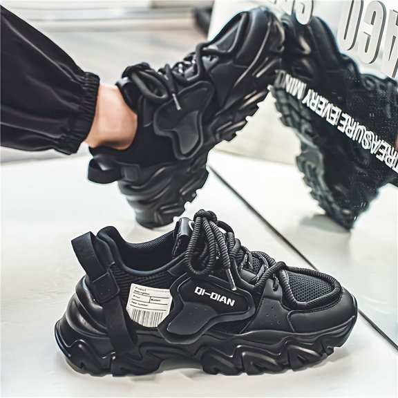Men's All Black Chunky Platform Dad Sneakers, Breathable Mesh Tech Athletic Shoes, Non-Slip Shock Absorption Running Shoes for Gym, Workout & Daily Wear