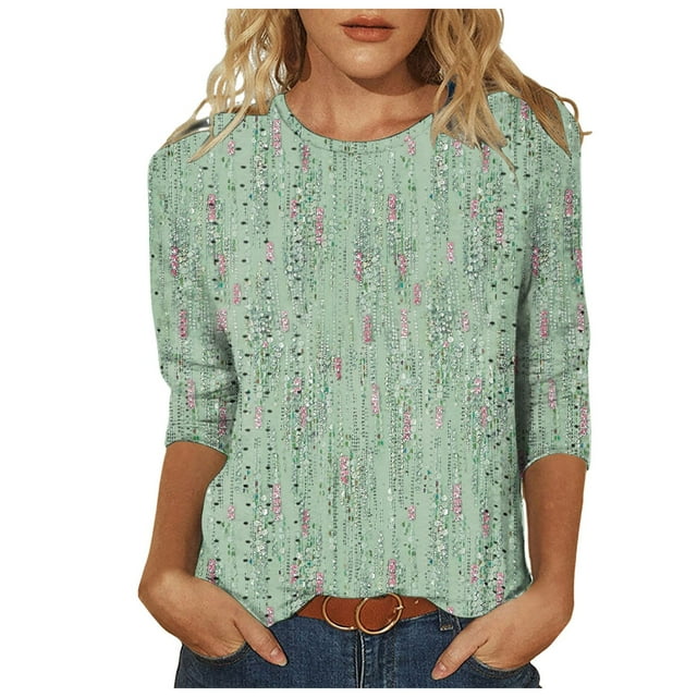 TSADFHJI Hauts pour Femmes Été Hauts Habillés pour Femmes Manches 3/4 Col Rond T-Shirts Imprimé Floral Blouses Décontractées Mode TTG Vert
