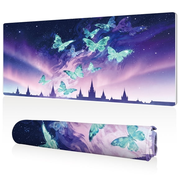 LIVEKEY XXL Mouse Pad Aurora Butterflies Castle 80x40cm Non Slip Durable Easy Clean Stitched Edges Full Desk Coverage for Gaming Office Use