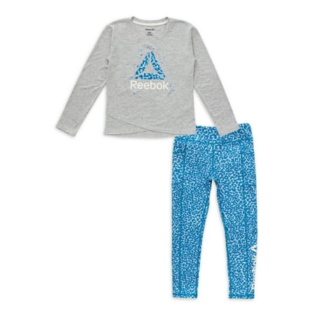 Reebok Girls Graphic Long Sleeve T-Shirt and Leopard Leggings, 2-Piece Set, Sizes 4-18