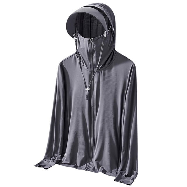 Sun-Protective Hooded Long Sleeve Zip-Up Jacket for Men, UPF 50+, Breathable Ice Thread Fabric, Elastic Stretch, Finger Hole Design, for Outdoor Summer Activities